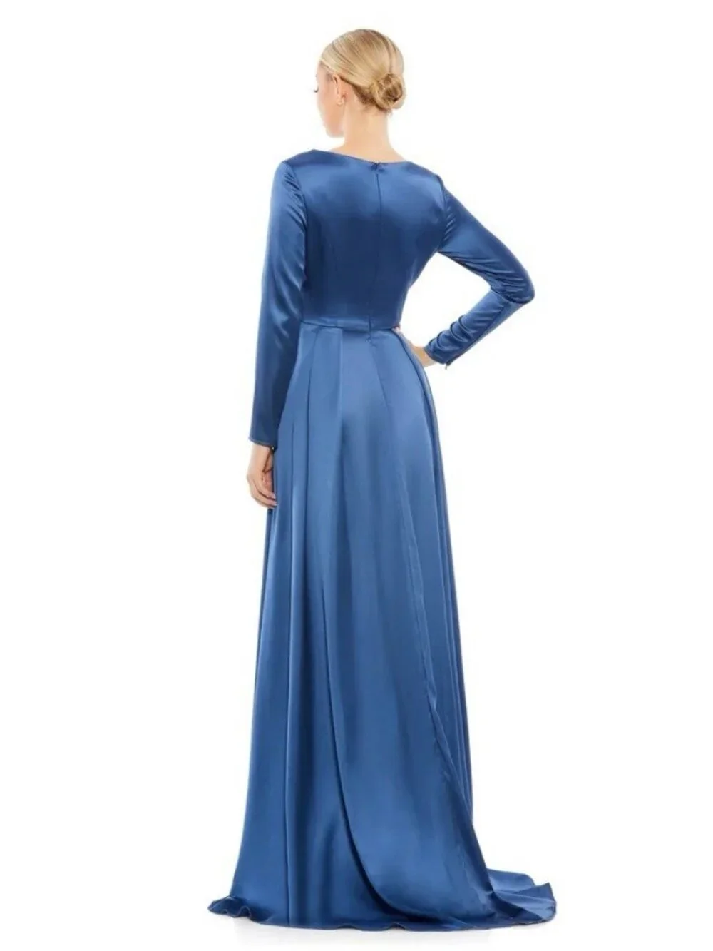 Mac Duggal Size 8 Blue 26613 Long Sleeve Satin A-Line Formal Gown Dress Wedding - Picture 3 of 12